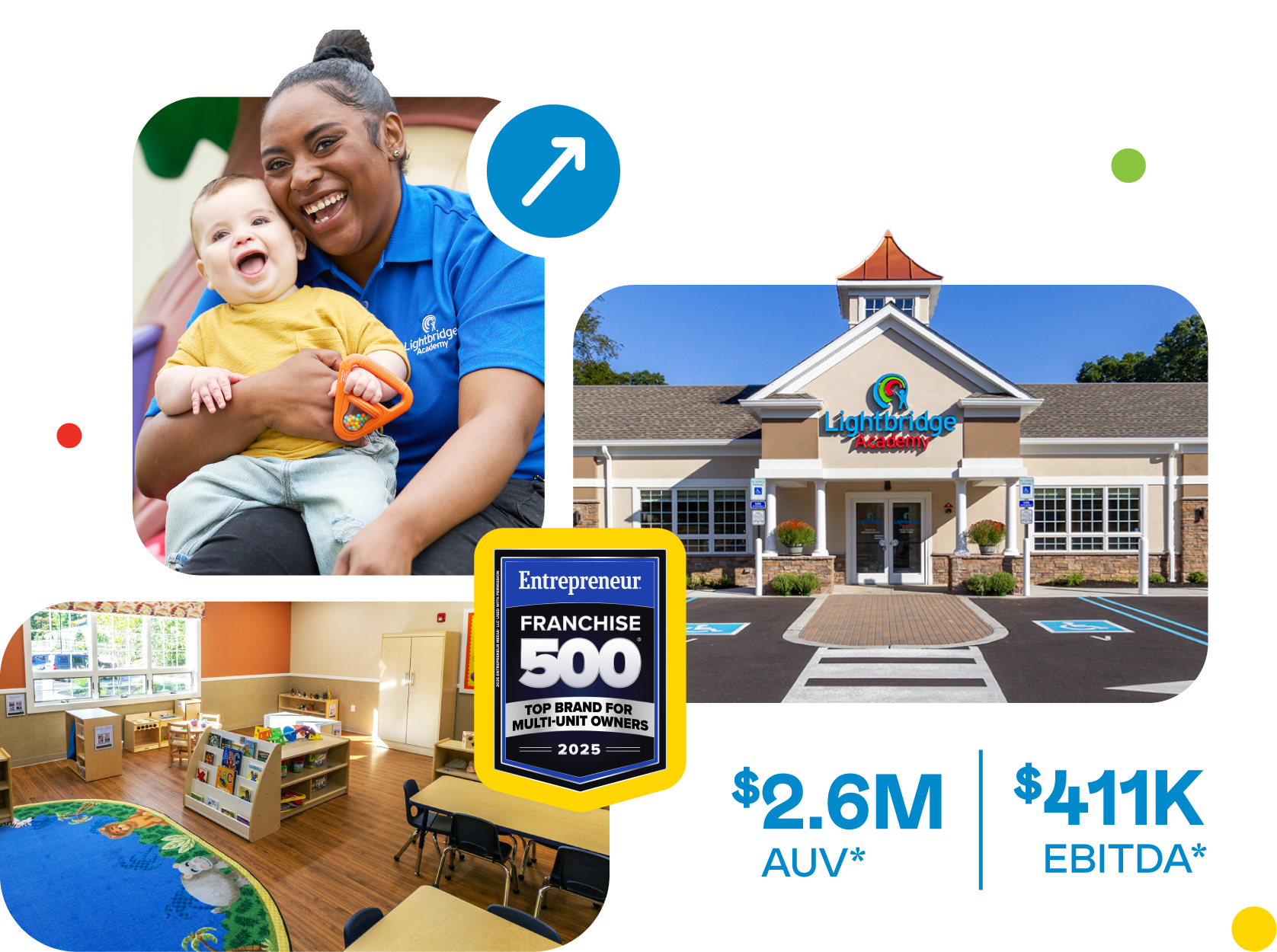 Image of a woman holding a child, a building, and a preschool classroom